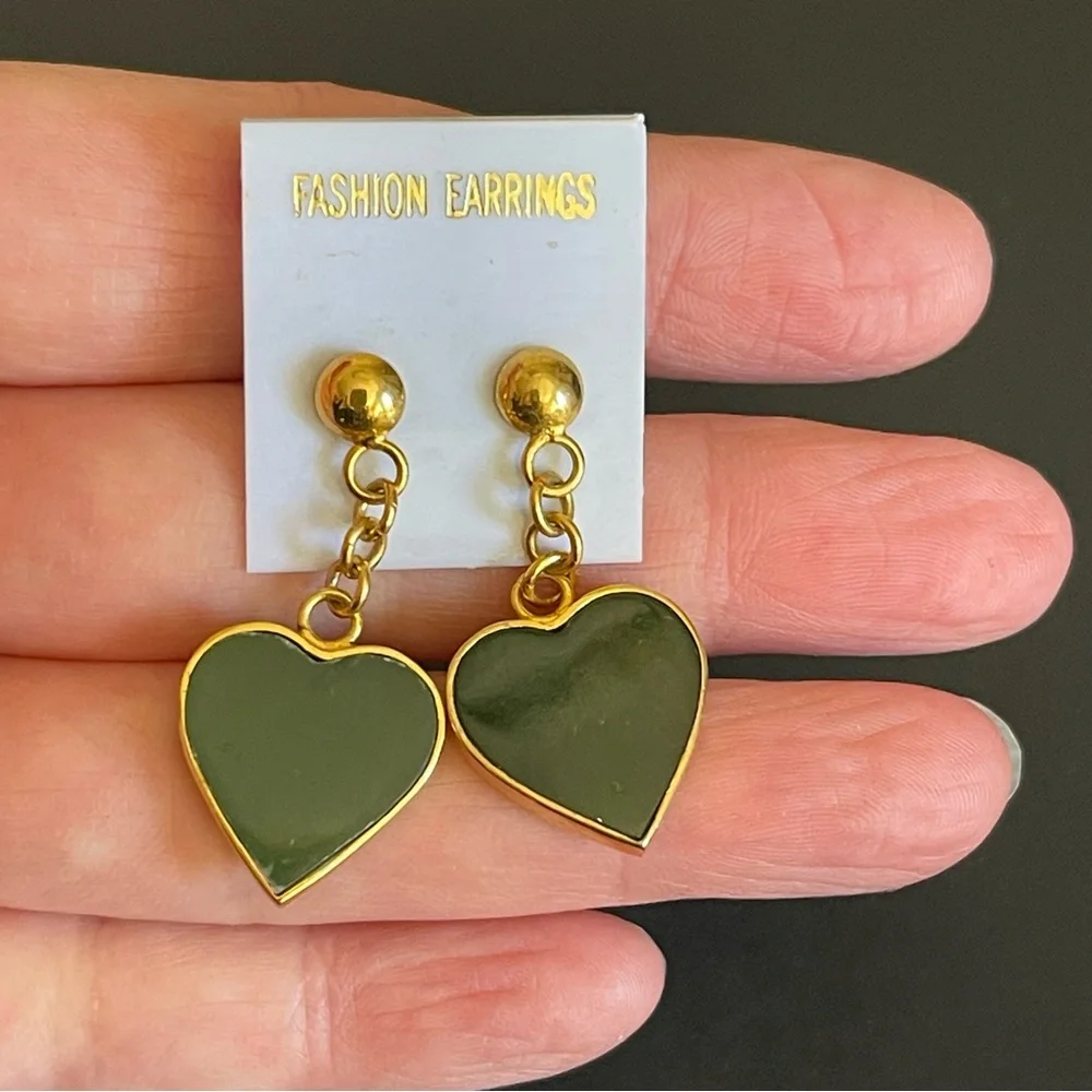 New genuine green nephrite jade Heart Drop Earrings